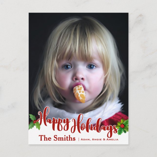 Festive Happy Holidays Calligraphy | Holly | Photo Holiday Postcard (Front)