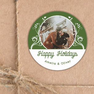 Festive Happy Holidays Foliage Green Couple Photo  Classic Round Sticker