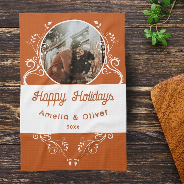 Festive Happy Holidays Foliage Orange Couple Photo Tea Towel (Creator Uploaded)
