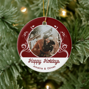 Festive Happy Holidays Foliage Red Couple Photo Ceramic Ornament