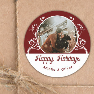 Festive Happy Holidays Foliage Red Couple Photo Classic Round Sticker