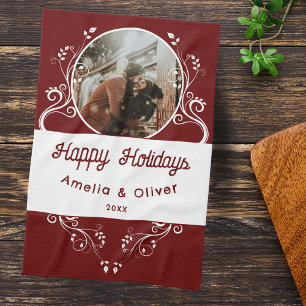 Festive Happy Holidays Foliage Red Couple Photo  Tea Towel