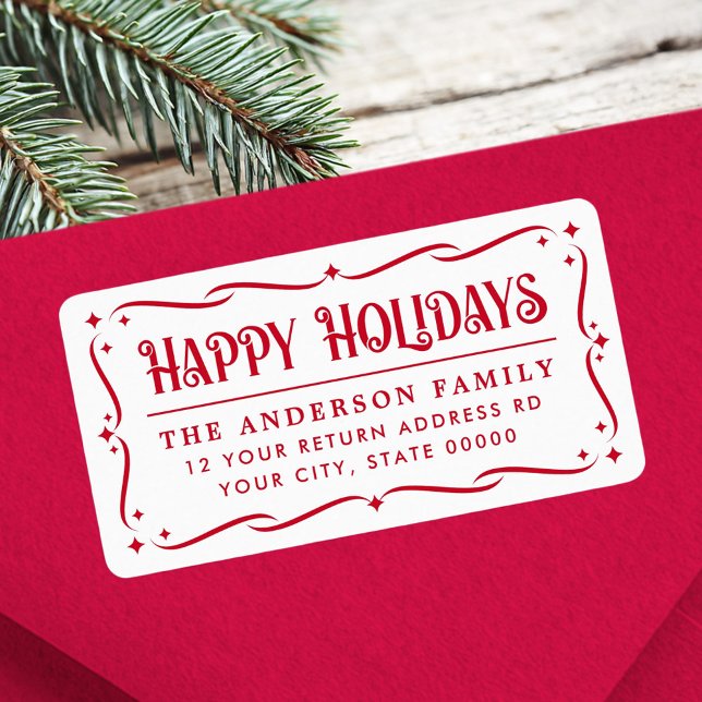 Festive Happy Holidays red white return address Label (Festive Happy Holidays red white return address Label)