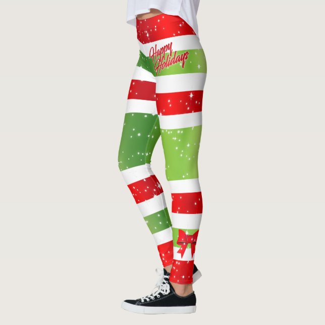 Festive Happy Holidays Text With Ribbons and Snow Leggings (Left)
