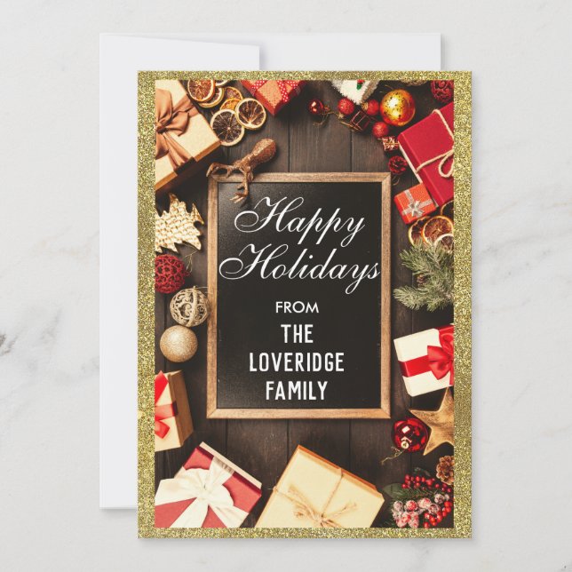 Festive Happy Holidays Xmas Party Gold Glitter Holiday Card (Front)