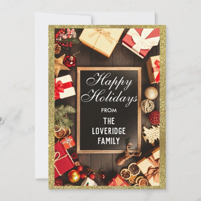 Festive Happy Holidays Xmas Party Gold Glitter Holiday Card (Front)