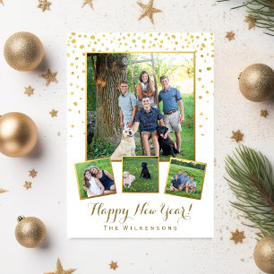 Festive Happy New Year Gold Confetti Photo Collage Holiday Card
