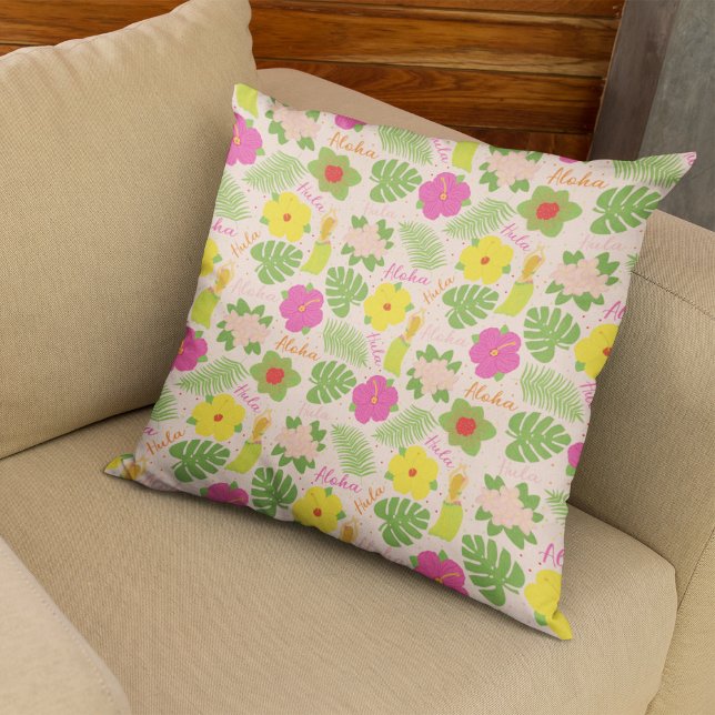 Festive Hawaiian Hula Dancer Pillow Design (Tropical Hawaiian Flower Aloha Hula Woman Throw Pillow)