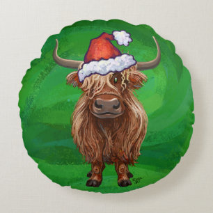 Festive Heads and Tails Highland Cow On Green Round Cushion
