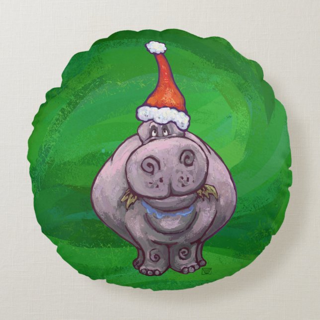 Festive Heads and Tails Hippo On Green Round Cushion (Front)