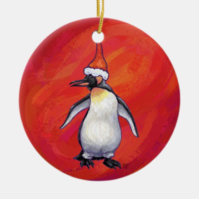 Festive Heads and Tails Penguin Ceramic Ornament (Front)