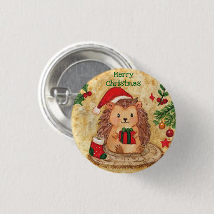 Festive hedgehog with gift and stocking 3 cm round badge