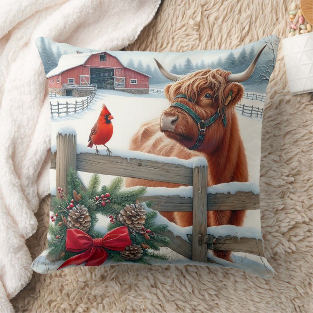 Festive Highland Cow and Cardinal Christmas Cushion (Blanket)