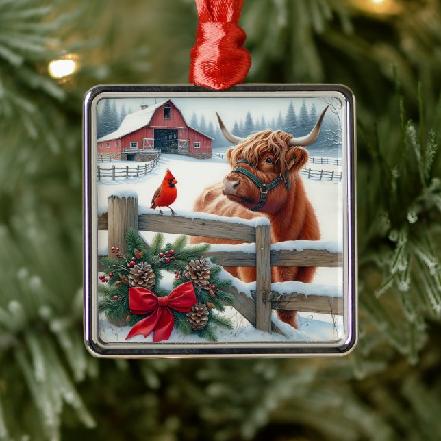Festive Highland Cow and Cardinal Christmas Metal Ornament (Tree)