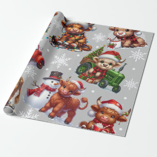 Festive highland cow, Christmas lights Farm Animal Wrapping Paper