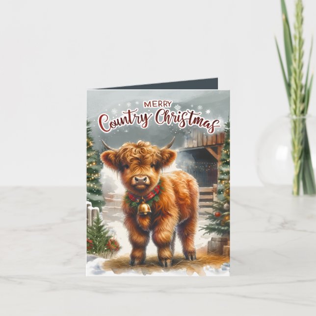 Festive Highland cow Country Christmas Holiday Card (Front)