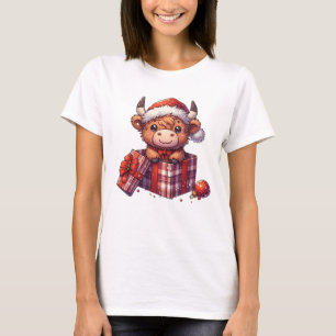 Festive Highland Cow in Gift Box Christmas T-Shirt