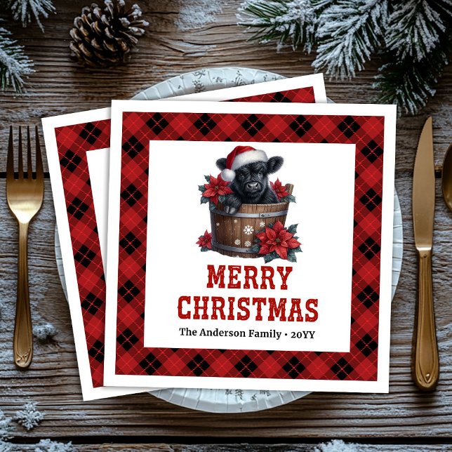 Festive highland cow red black tartan napkins (Festive highland cow red black tartan napkin)