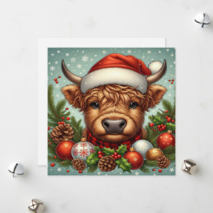 Festive Highland Cow Wearing Santa Hat  Holiday Card