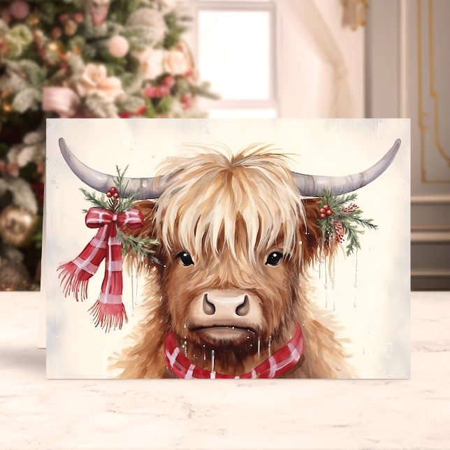 Festive Highland Cow with Plaid Scarf  Holiday Card (Creator Uploaded)