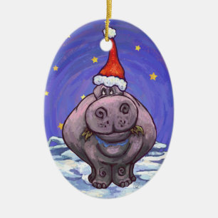 Festive Hippo Holiday Ceramic Ornament