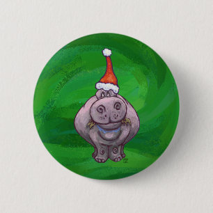 Festive Hippo On Green 6 Cm Round Badge