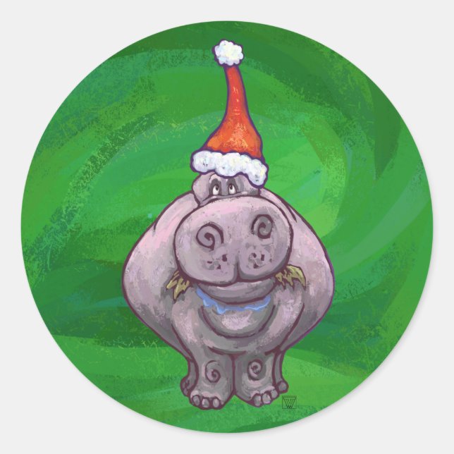 Festive Hippo On Green Classic Round Sticker (Front)