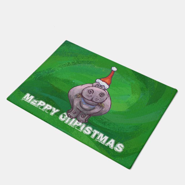 Festive Hippo On Green Doormat (Angled)