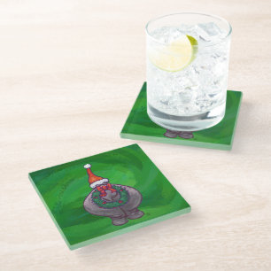 Festive Hippo On Green Glass Coaster