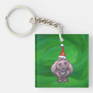 Festive Hippo On Green Key Ring