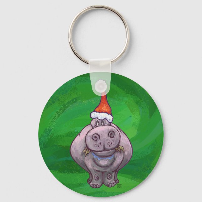Festive Hippo On Green Key Ring (Front)