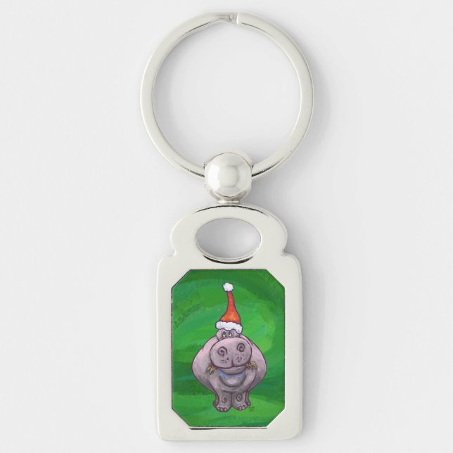 Festive Hippo On Green Key Ring (Front)