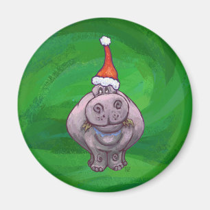Festive Hippo On Green Magnet