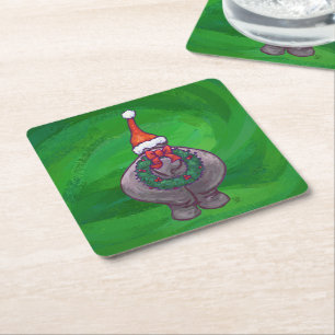 Festive Hippo On Green Square Paper Coaster