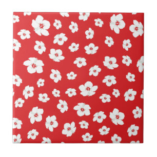 Festive Holiay Christmas Red White Hibiscus Flower Ceramic Tile