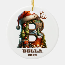 Festive Holiday B Initial Name and Year Ceramic Ornament