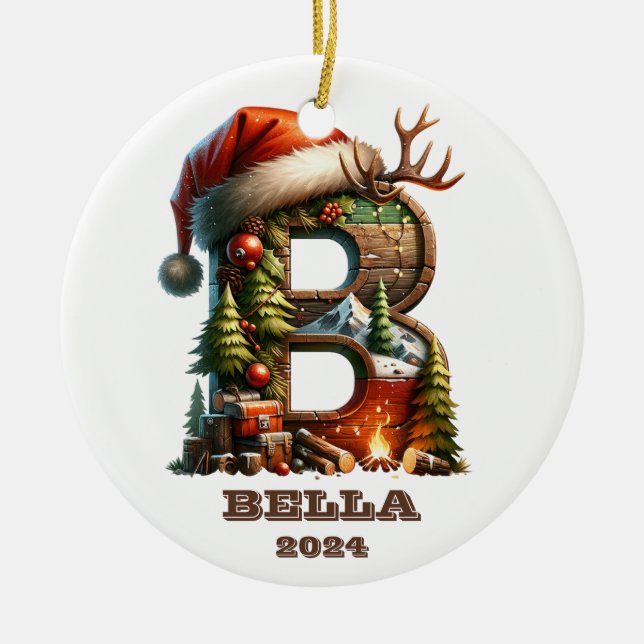 Festive Holiday B Initial Name and Year Ceramic Ornament (Front)