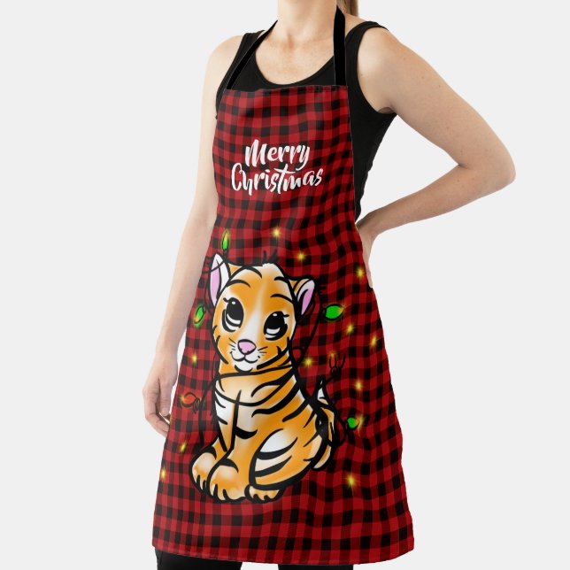 Festive Holiday baby tiger, light, red plaid  Apron (Insitu)