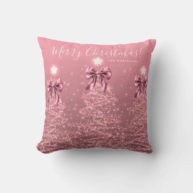 Festive Holiday Blush Pink Christmas Trees Name Cushion (Front)