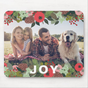 Festive Holiday Botanical Joy Type Christmas Photo Mouse Pad