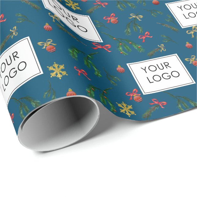 Festive Holiday Business Company Logo Branded Blue Wrapping Paper (Roll Corner)