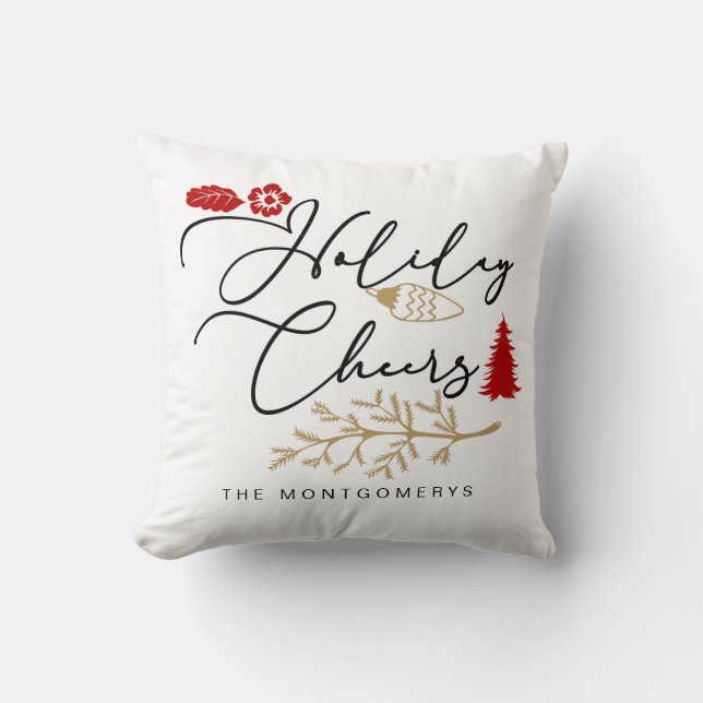 Festive Holiday Cheers Red Holly Christmas Cushion (Front)
