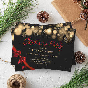 Festive Holiday Christmas Glow Gold & Red Ribbon  Invitation