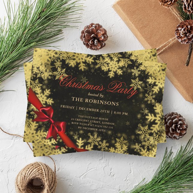 Festive Holiday Christmas Gold & Red Ribbon Black Invitation (Festive Holiday Christmas Gold & Red Ribbon Black Invitation)