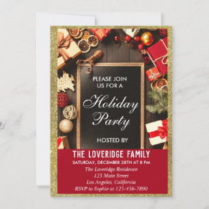 Festive Holiday Christmas Party Red & Gold Glitter Invitation