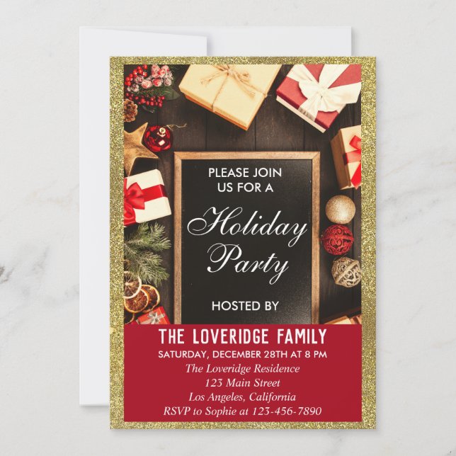 Festive Holiday Christmas Party Red & Gold Glitter Invitation (Front)