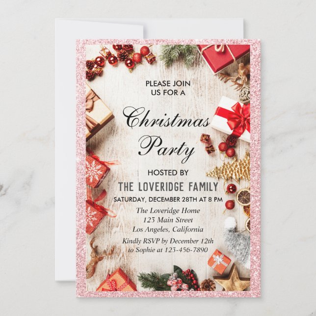 Festive Holiday Christmas Party Rose Gold Glitter Invitation (Front)