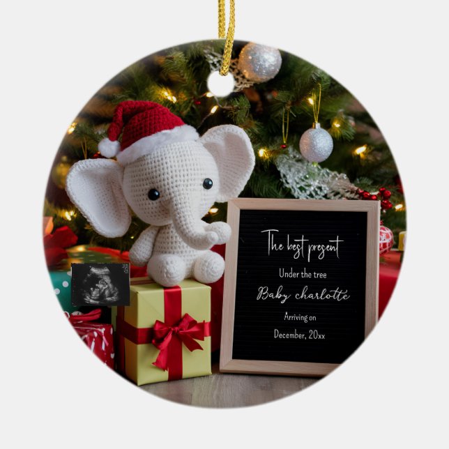 Festive holiday Christmas pregnancy announcement  Ceramic Ornament (Front)