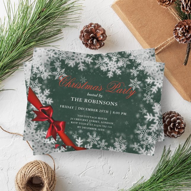 Festive Holiday Christmas Silver Red Ribbon Green Invitation (Festive Holiday Christmas Silver Red Ribbon Green Invitation)