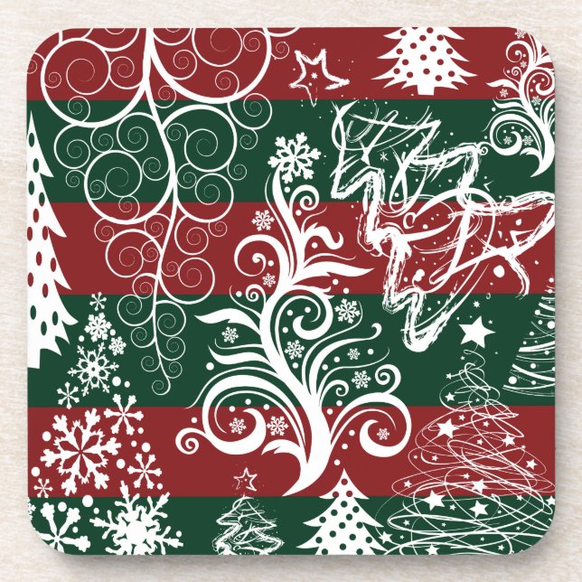 Festive Holiday Christmas Tree Red Green Striped Coaster (Front)